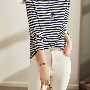 VIMLY Striped T-shirt for Women Long Sleeve O-neck Cotton Autumn Casual Female Tees Loose Top's Clothes F8878 220328