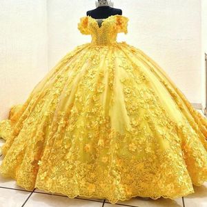 2022 Luxury Vintage Sexy Yellow Puffy Quinceanera Dresses Off Shoulder Lace Appliques Crystal Beading 3D Floral Flowers Ball Gown Vestidos De Dress Guest