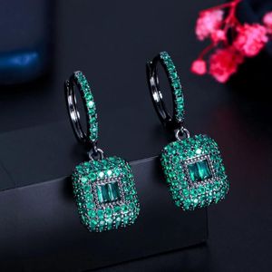 Hoop & Huggie CWWZircons Full Black Gold Color Green Square CZ Dangling Round Earrings For Women Trendy Party Jewelry CZ927Hoop