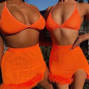 OMSJ Donna Hot Orange Sexy Set due pezzi Fluffy Split Crop Top Camis e gonna abbinati Abiti estivi Beachwear 2 pezzi Ropa Mujer T200702