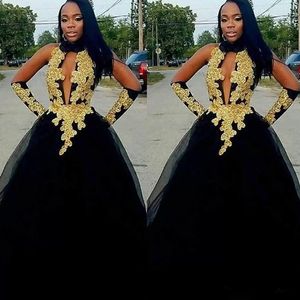 black and gold prom dresses tulle skirt African Sexy open neck floor length formal evening gowns plus size