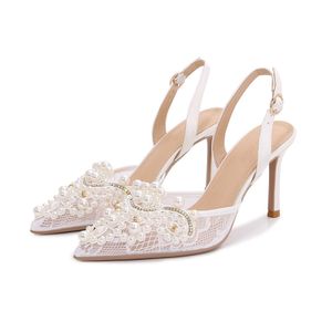 Scarpe da sposa da donna per pompe da sposa Sandali con perle di pizzo Cristallo Stiletto posteriore Cinturino con fibbia alla caviglia Scarpe da sposa Avorio Tacchi 9 CM