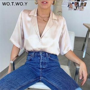 Wotwoy verão elegante blusa de seda camisa Mulheres v pescoço de meia manga Blouses casuais Mulheres sólidas tops macios BLUSA FEMININA KIMONO 2020 LJ200813