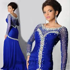 2022 elegante royal azul sereia mangas compridas vestidos de baile cristais frisados ​​vestidos de festa longa árabe Dubai formal vestidos de noite bc12009