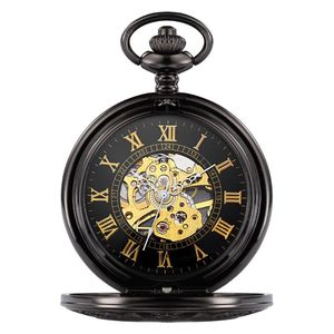 Pocket Watches Top Antique Skeleton Gold Roman Numerals Dial Black Alloy Case Mechanical Hand Wind Long Fob Chain Clock Men Watch  W029B