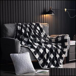 Wholesale white soft blanket resale online - Blankets Home Textiles Garden Plaid Flannel Throw Blanket With Pom PomsBlack White Checkered Soft Plush Microfiber For Couch Sofa Drop D