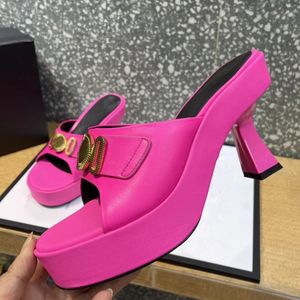 High Quality New Slippers Platform Kitten Heel Buckle Women Slippers Party Shoes Summer Fashion Sandals Genuine Leather