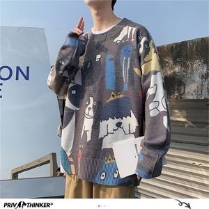 Приватхинкер смешные печатные мужские свитера корейская осенняя повседневная o o nece tops tops Streetwear Man Loose Sweater Clothing 201221