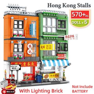 Sembo MOC With Light Hong Kong Stalls Retro Food Store Street View House Model Building Blocks Kids Toys For Children Boys Gift R230908