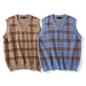 Camisinho de malha xadrez vintage Men 95% algodão V Sweaters sem mangas do pescoço Japão e roupas coreanas de malha marrom