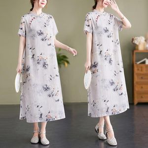 Casual Kleider Ankunft Vintage Tuschemalerei Stehkragen Perlen chinesischen Stil Kleid Cheongsam dünne leichte weiche Frauen Midi KleidCasual