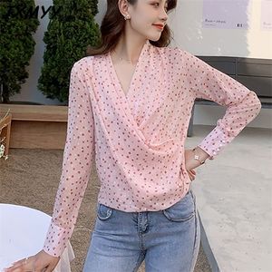 Kvinnors söta V-Neck Cross Polka Dot Chiffon Top Design Small Shirt JXMYY 210412