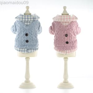 Gefälschte Zwei Stücke Plaid Design Warme Pullover Für Hunde Herbst Und Winter Hund Kleidung Mit Buttom Hund Outfit Kleidung Rosa blau L220810