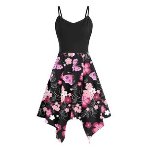 Plus Größe 5xl Mode Kleider Für Frauen Blumen Druck Asymmetrische Camis Taschentuch Kleid Ärmelloses Hohe Taille Mini Party Kleid 220520