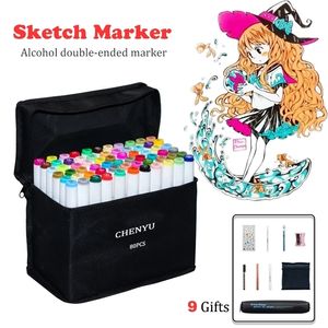 CHENYU 80Colors Alcohol Brush Markers Pen Sketch Art Marker Dual Headed Base For Drawing Manga Art Supplies Stationary 9 Gifts 210226