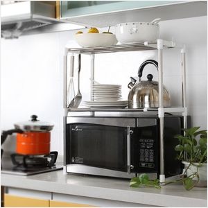 Scaffale per ripiano per forno a microonde multifunzionale regolabile in acciaio inossidabile per uso domestico in piedi tipo doppio portaoggetti da cucina Y200429
