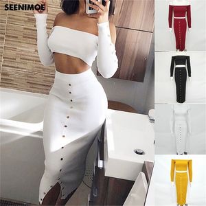 Herbst Winter Neue Sexy Schlank 2 Stück Set Frauen Outfits Heißer Trägerlosen Langen Rock Off Schulter Rohr top Niet lange Kleid