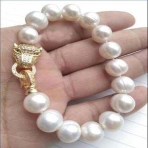 Ręcznie robione naturalne pasma 9-10 mm Białe prawie okrągłe słodkowodne bransoletka perłowa 20 cm lampart głowa dla kobiet biżuteria modowa