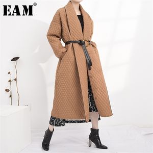 Eam Khaki Big Size Long Cotton-Padded Coat Long Sleeve Roose Fit Women Parkas Fashion秋Winter WTH1204 201126