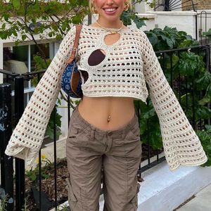 Women's T-Shirt Womens Y2k Cover Up Hollow Out Long Flared Sleeve Crochet Knitted Crop Tops Boho Tee Loose T Shirts For Teen GirlsWomen's