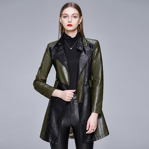 Autumn Large Leather Clothes Women's European Version Kontrast Färg Medium och lång jacka Lady Slim Leather Coat Code6608