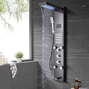 욕실 샤워 세트 LED 디지털 브러시 니켈 검은 색 패널 칼럼 레인 폭포 헤드 마사지 스파 제트기 믹서 탭 욕조