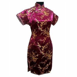 Sıradan Elbiseler Burgundy Geleneksel Çin Elbise Mujer Vestido Bayan Saten Mini Cheongsam Qipao S M L XXL XXXL 4XL 5XL 6XL J4037