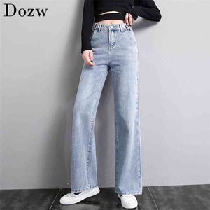Casual denim blå jeans kvinnor hög midja rak plus size cowboy damer byxor knapp lång längd mode pojkvänner 210515