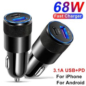 USB 유형 C 자동차 충전기 68W PD 전화 빠른 충전 USB-C 어댑터 모바일 Xiaomi Note 11 iPhone 13 12 QC 3.0