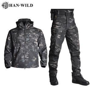 5xl Tactical Clothing Jackets byxor Män fleece jacka armé vindtät camo jaktdräkt vindbrytare militär vandring mjuk skal 220817