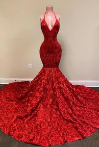 2022 Sexy escuro vestidos de noite vermelhos desgaste halter lantejould lace sereia 3d flores florais abertas de volta profundo vice-neck lantejoulas formal vestido de baias de dama de honra