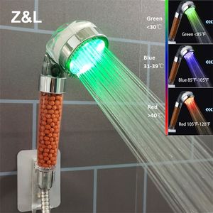 Bathroom 37 Colors Changes Temperature Sensor Led Shower Head Water Softener Negative Ion Filter High Pressure Hand Showerhead 220606