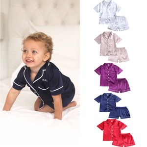 Summer Children kläder Pyjama Set Stain Silk Soft Solid Color Bekväma barn Girls Pyjamas Sleepwear Suit 220714