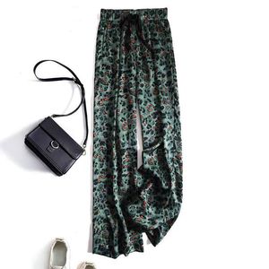 Green Leopard printing dyeing draped wideleg women's pants spring vintage Korean fashion highwaist casual pants for women 220816