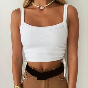 Croped Tops Solid White Pets Up Bandage Tank Vintage 90s Streetwear Simple Style Ruched Tee Clothes