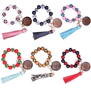 MAMA Letter Buffalo Plaid Keychain Wooden Bead Bracelets Party Favor Tassel Handmade Wristband Pendant Fashion Wristlet Bangles Holder Wrist Ring Jewelry B8198