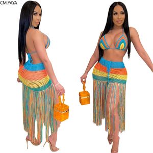 CM.YAYA Frauen Sommer Strand Regenbogen Häkeln Sexy Strand Zwei Stück Set Bh Crop Top Quaste Bodycon Röcke Anzug Trainingsanzug Outfit 220516