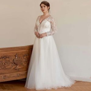 Andra bröllopsklänningar Weilinsha Elegant A-Line Plus Size-klänning med spets långa ärmar djupa v-ringnings brudklänningar för brud Vestido de noviaoth