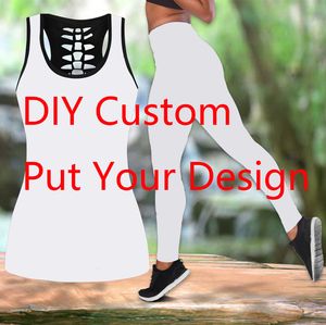 DIY Mulheres personalizadas de duas peças conjunto de ioga 3D Print Hollow Out Top Top High Summer Legging Summer Casual Sport 1 220704