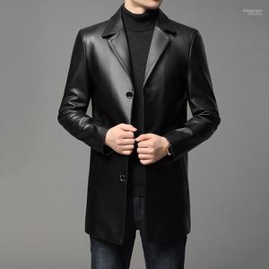 Haining Black Leather Suit Collar Windbreaker Mid Long Autumn and Winter Men's Jacket1