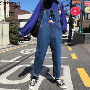 Jumpsuits Women Embroidery High Waist Big Pockets Leisure Autumn Playsuits Womens Korean Style Retro High Quality Chic Bodysuits T200107
