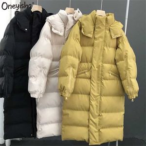 韓国の女性の特大の膝の上の長い温かいコートミッドレングス冬のヴィンテージ冬の綿パッド付きジャケット211120