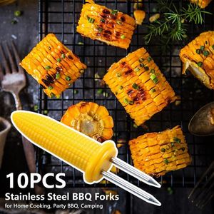 BBQ Tools 10Pcs Stainless Steel Corn Forks Skewer Small BBQ Camping Holders Heat-resistant Kitchen Accessories Outdoor Barbecue Tool