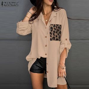 여자 패치 워크 블라우스 패션 표범 셔츠 긴 슬리브 블루사 여성 버튼 옷깃 튜닉 대형 Chemise W220321