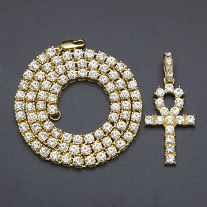 Mens Iced Out Chain Egyptian Ankh Key Pendant Halsband Hip Hop Jewelry Rhinestones Crystal Cuban Link Guldkedjor