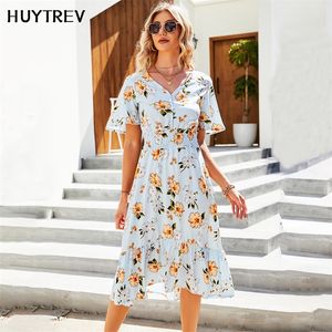 Summer Dreste pescoço com manga curta Botão floral bohemia praia vestidos chiffon slim midi vestido para feminino boho 220516