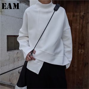 EAM NEW SPRING High Collar Long Sleeve Black Loose Oregelbundet hem Stor storlek Sweatshirt Women Fashion LJ200815