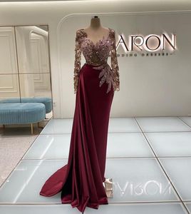 Dark Red Evening Party Dresses Custom Made Sexy V Neck Long Sleeve Sequins Appliques Lace Hollow Temperament Long Gowns High Quality Prom Gowns Plus Size