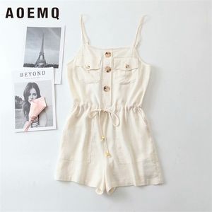 AOEMQ Causal Solid Women Camisole Jumpsuits In Summer Cotton Linen Short Jumpsuits Safari Style Soft In Holiday Women Bodysuit T200704