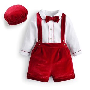 Född kläder kostym baby pojke kläder till födelsedag bröllopsfest barn withe blouse velvet byxor 3pcs outfits med hattar 220326